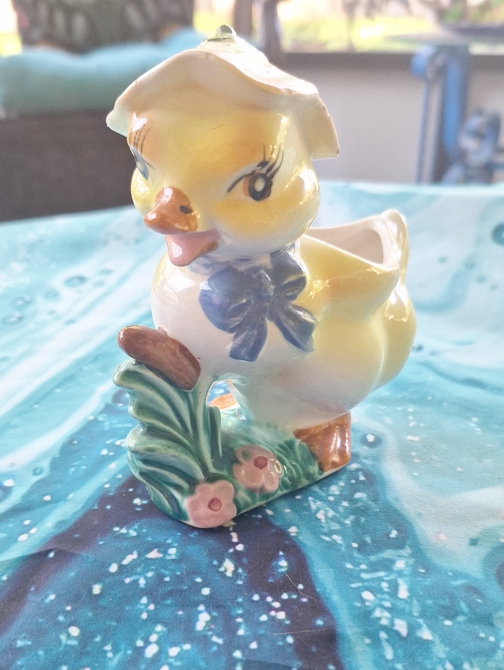 Vintage Yellow Ceramic Duck Planter with Blue Bow Planter/Vase